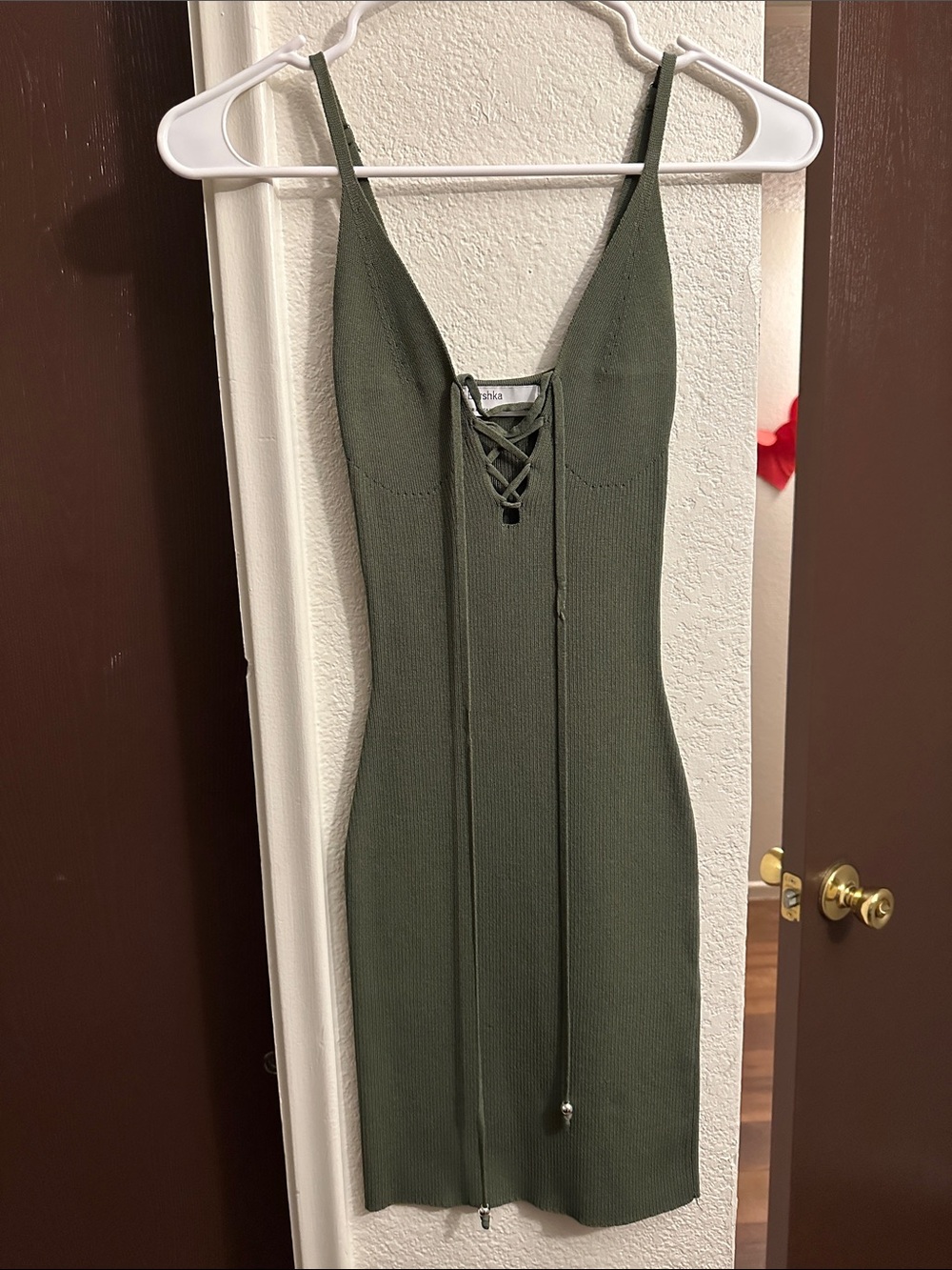 Bershka Olive Lace-Up Ribbed Mini Dress
